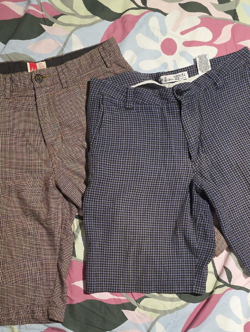 Ezekiel Black and Purple Small-Check Shorts And Es Brown Tweed Pattern Shorts.